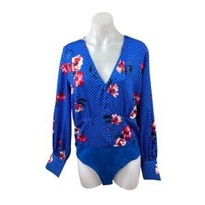 Influence Women's Blue Floral Polka Dots Long Sleeve Faux Wrap Bodysuit Top 12